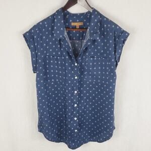 JACHS Girlfriend Button-up Top Women S Blue White Arrows Short Sleeve V-Neck